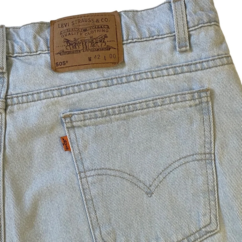Vintage 90s Levi 505 Orange Tab Distressed Denim Jean Shorts Mens Size 42 Light